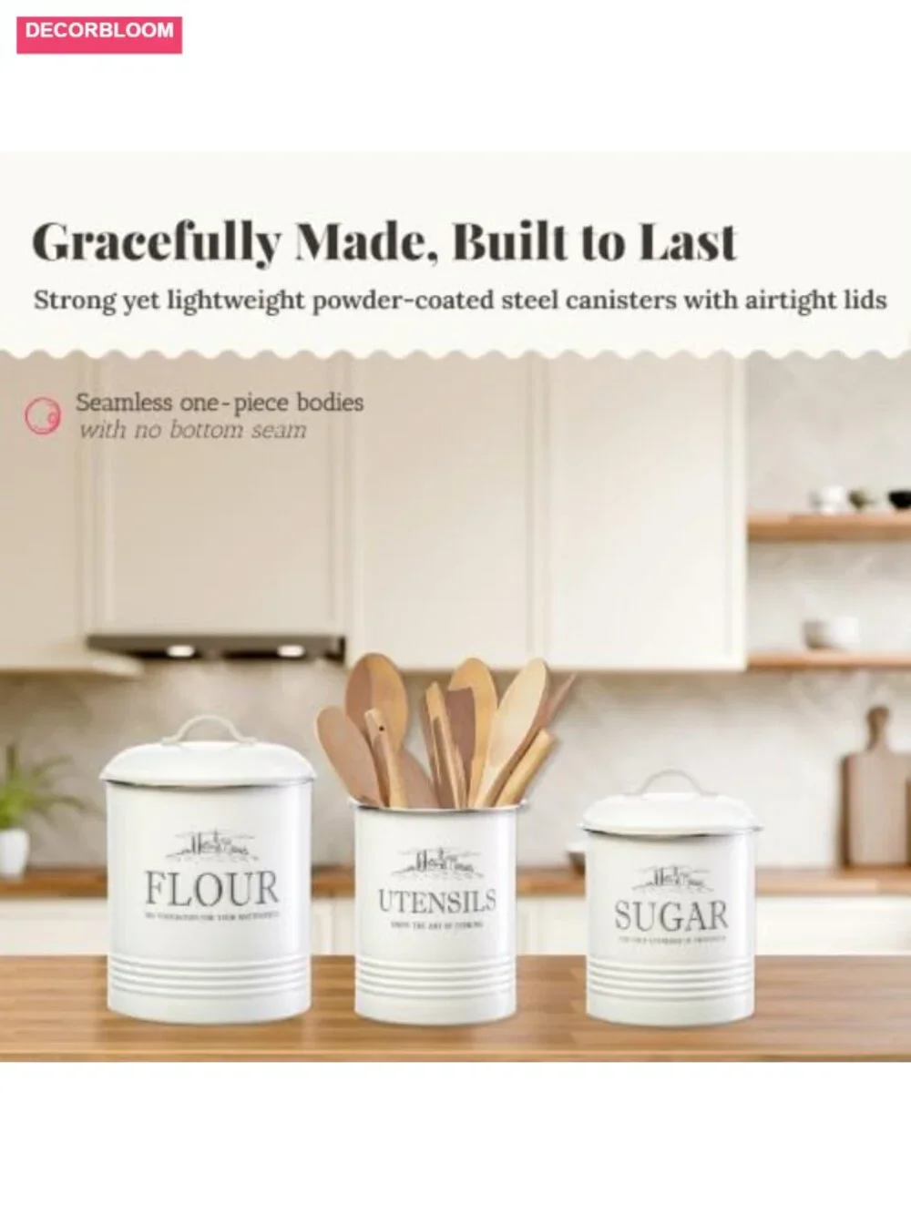 Airtight Kitchen Canisters 3-Piece Set with Utensil Holder, Metal